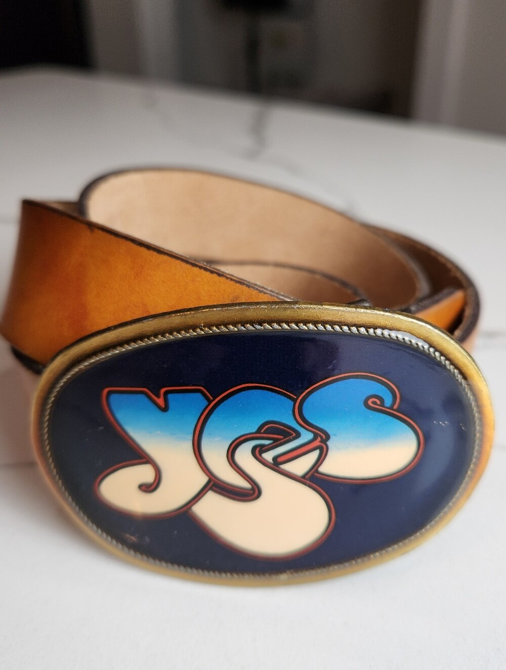 Vintage 1976 YES Band Belt Buckle Pacifica Mfg Roger Dean Logo w/ Leather Belt